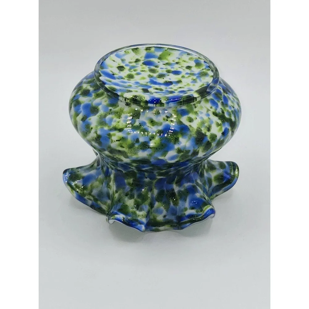 Fenton Glass Murrhina Art Glass Vase Blue Green Spatter Ruffled Rim